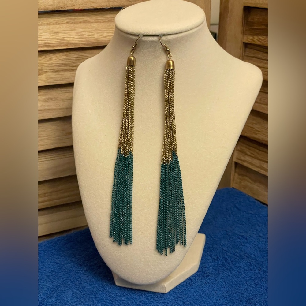 Gold and Teal Tassel Earrings